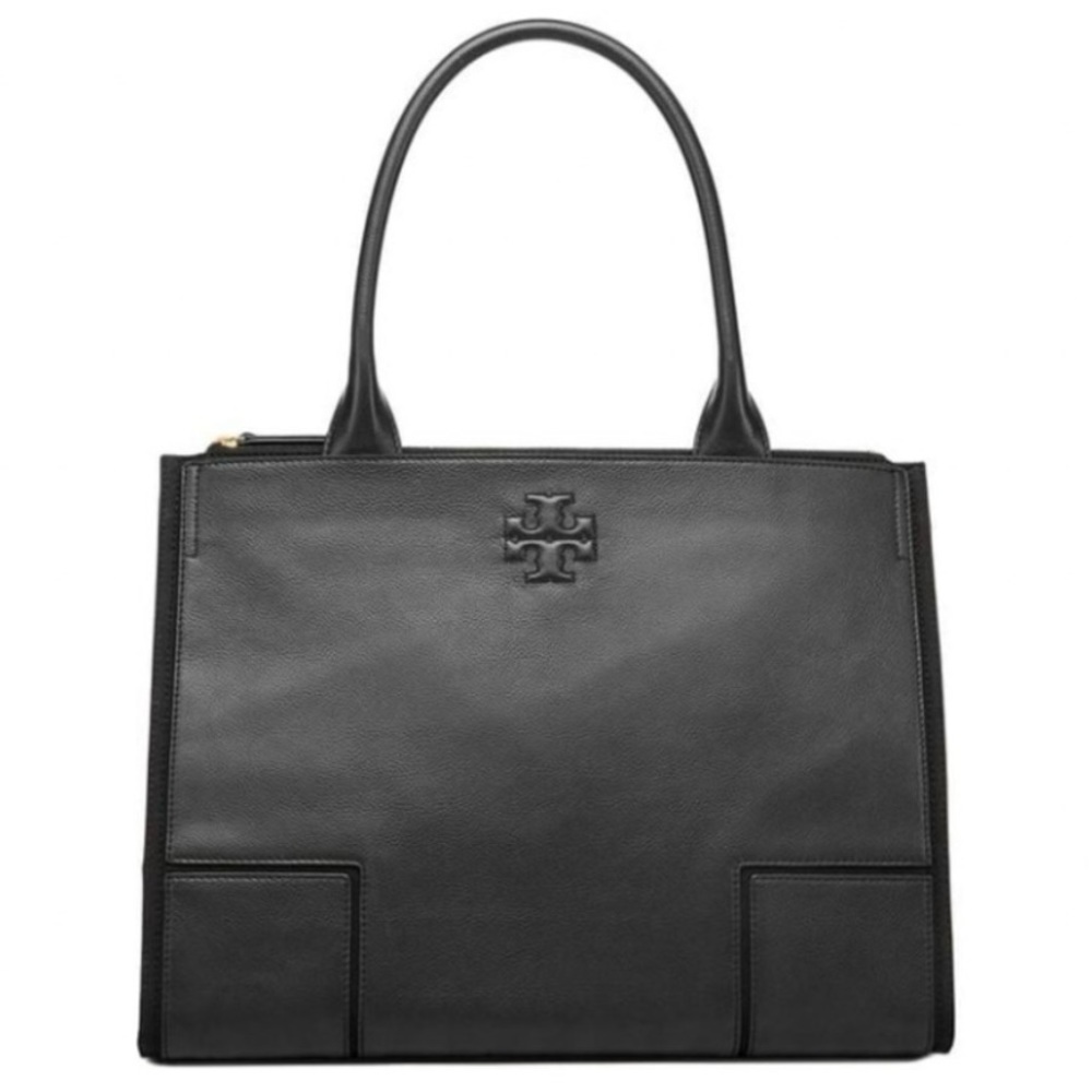Tory Burch Black Leather & Canvas Structured Tote